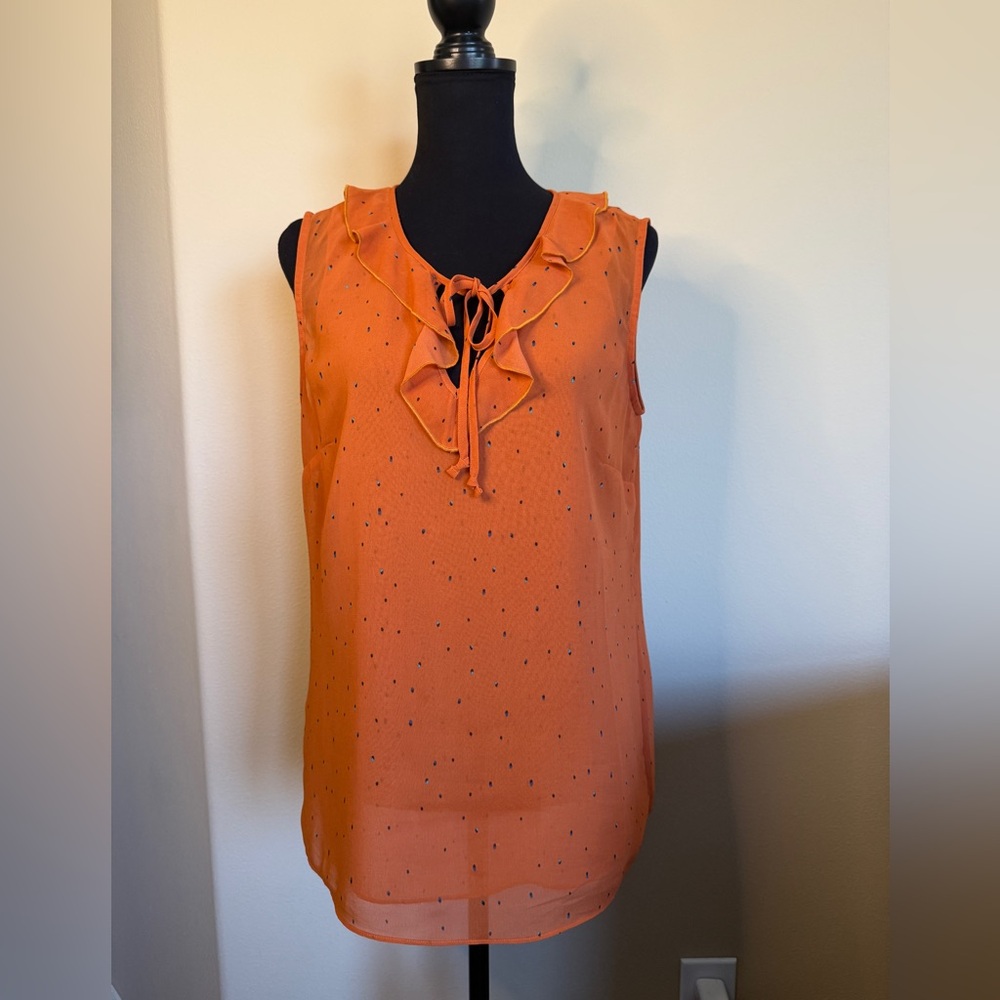 Sprinkle Top CAbi #3764 orange w/black dots,ruffle v-neck Sleeveless Blouse Med